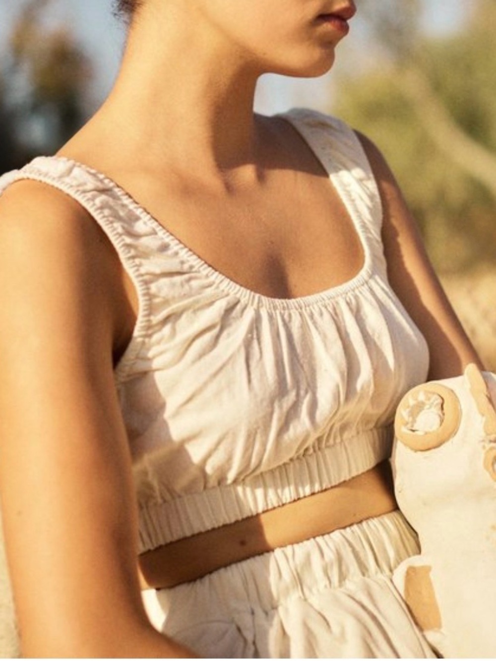 OZMA of California Sophie Crop Silk Noil Ruched Gathered Top in Natural Medium